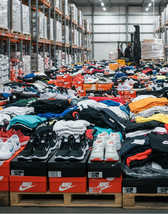 Warehouse with shelves stocked with boxes and pallets of clothing and shoes.