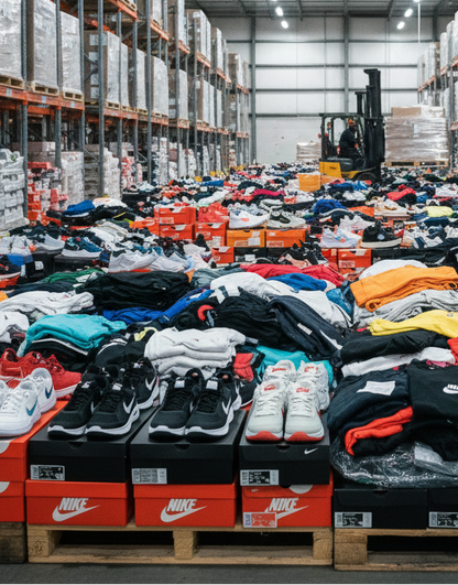 Warehouse with shelves stocked with boxes and pallets of clothing and shoes.